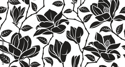 Magnolia flowers and leaf Seamless pattern.