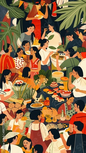 This vibrant, illustrated image depicts a lively street food market scene. Numerous people, depicted in a stylized manner, are engaging in various activities such as eating, cooking, and serving food.