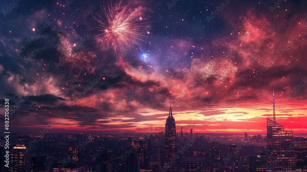 Naklejka premium The image depicts a vibrant cityscape at sunset, featuring tall skyscrapers including an iconic one with a pointed antenna. The sky is filled with colorful fireworks illuminating the dusk. There are s