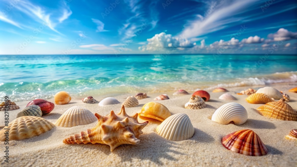 Warm sandy beach with scattered shallow water sea shells isolated on a light blue serene ocean background. Warm sandy beach with scattered shallow water sea shells isolated on a light blue serene ocean background.