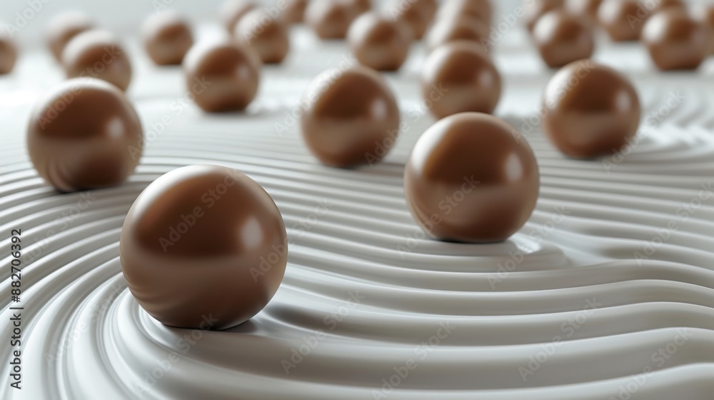 Collection of 3D brown balls arranged on a smooth surface, leaving lines as they move in a circular pattern. Collection of 3D brown balls arranged on a smooth surface, leaving lines as they move in a circular pattern.