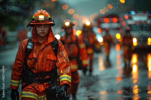 fireman walking through wet and damaged roads from storms bokeh style background