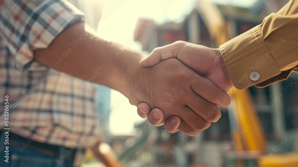 Obraz premium Close-up of two hands shaking, symbolizing an agreement or partnership. The background is slightly blurred but suggests an outdoor construction site with machinery like cranes and buildings under cons