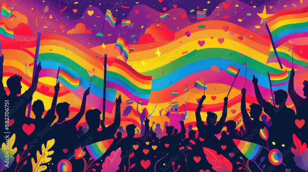 Obraz premium A vibrant scene of a group of people with rainbow flags and symbols, representing LGBT and LGBTQ pride.
