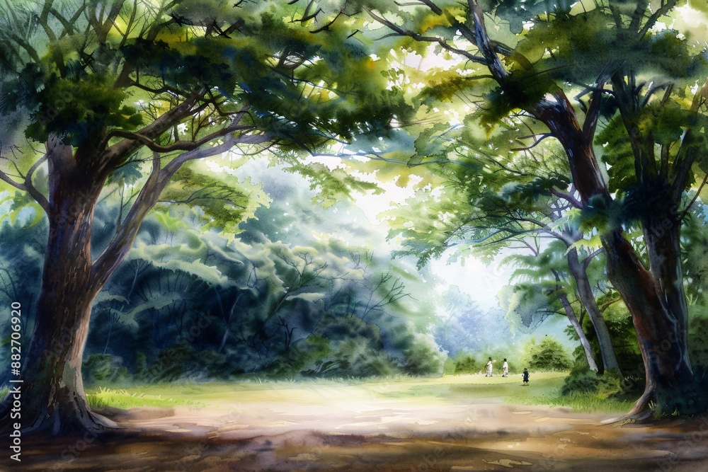 Fototapeta premium Serene forest path with sunlight filtering through lush green trees, creating a peaceful and inviting atmosphere for a nature walk.