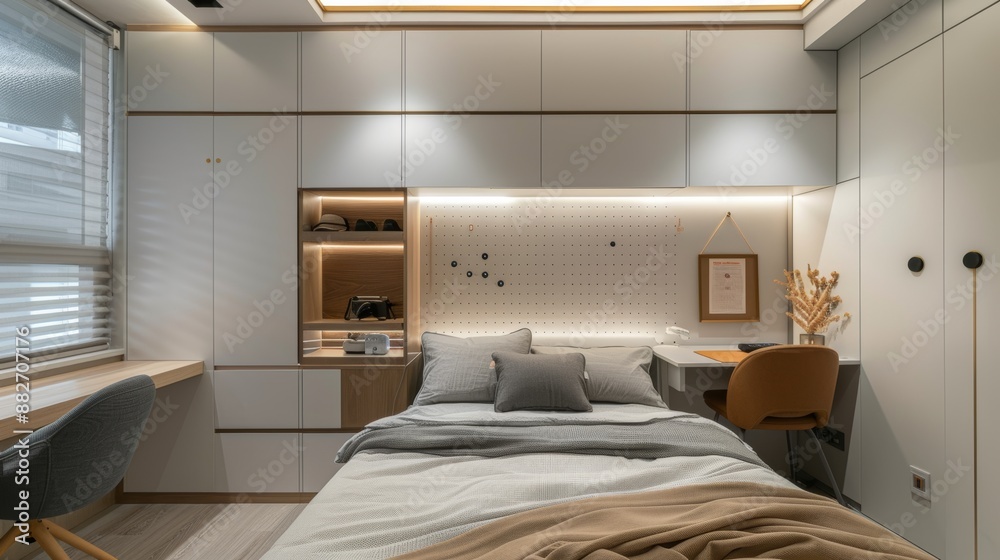 Modern minimalist style bedroom space with a desk and bed in the center of the picture, white cabinets stacked on top of each other above it, a small dot board hanging on one wall behind the cabinet, Modern minimalist style bedroom space with a desk and bed in the center of the picture, white cabinets stacked on top of each other above it, a small dot board hanging on one wall behind the cabinet,