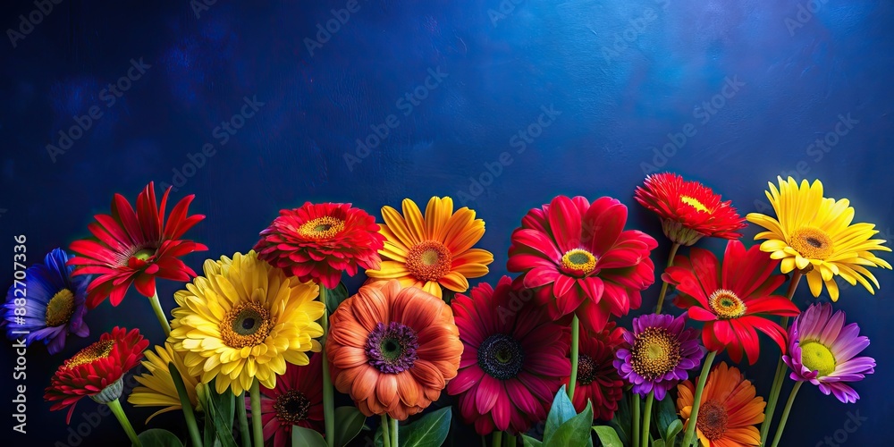 Colorful flowers in vivid red, yellow, and purple against a dark blue background, flowers, colorful, vibrant, bloom Colorful flowers in vivid red, yellow, and purple against a dark blue background, flowers, colorful, vibrant, bloom