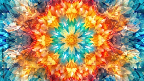Abstract symmetrical kaleidoscope pattern with vibrant colors and star-shaped center, perfect as a background or decorative graphic.