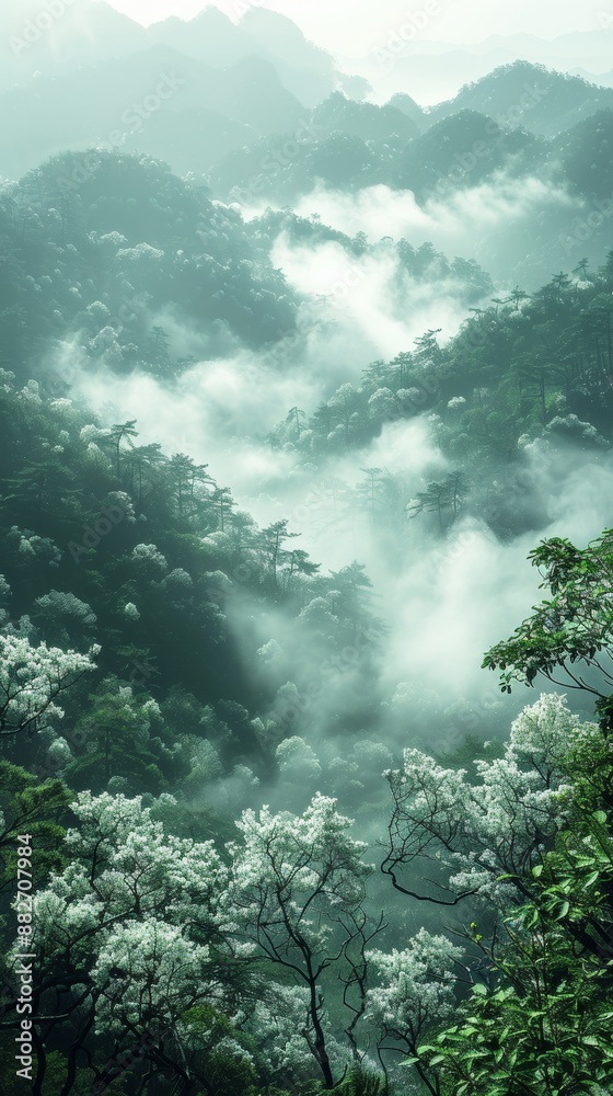 Fototapeta premium A forest full of osmanthus trees, Surrounded by heavy fog,Exquisite, Fine, Detailed, 8K, HD,surrealism 