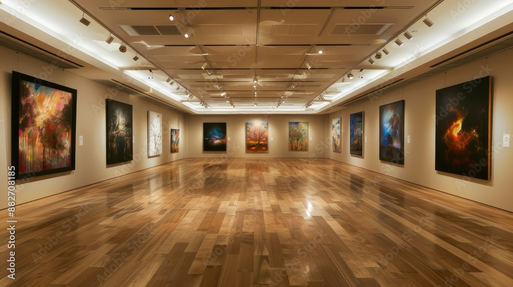 Modern Art Gallery with Abstract Paintings on Polished White Walls and Wooden Floors Modern Art Gallery with Abstract Paintings on Polished White Walls and Wooden Floors