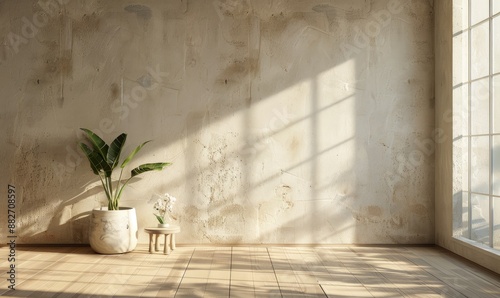 Empty Room with Textured Wall and Sunlight Streaming Through Window. Minimalistic Gray Room with House Plant and Soft Shadows
