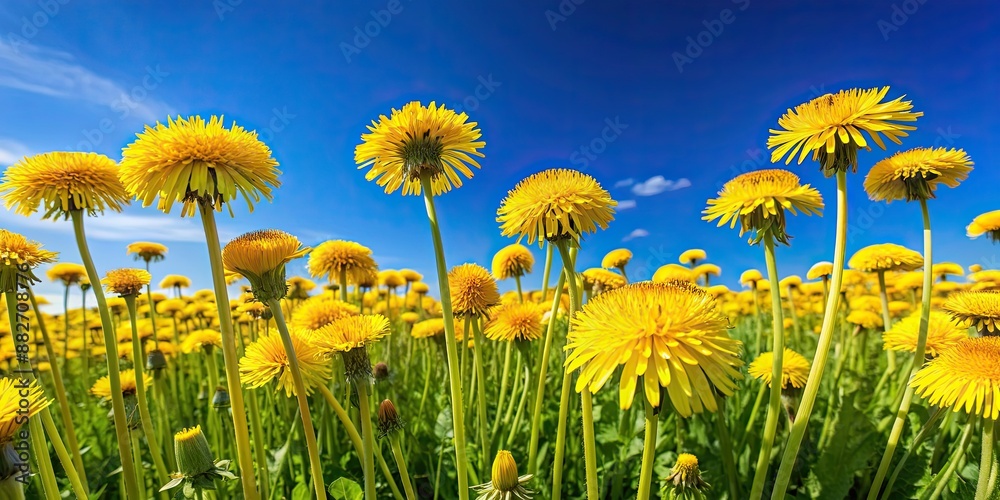 Field of bright yellow dandelions under a clear blue sky, field, dandelions, flowers, nature, outdoors, spring, summer, meadow Field of bright yellow dandelions under a clear blue sky, field, dandelions, flowers, nature, outdoors, spring, summer, meadow