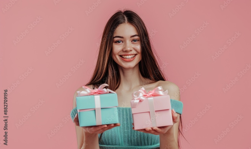 A joyful Caucasian young woman in a blue dress holding two wrapped blue and pink gift boxes on a pink pastel backdrop A joyful Caucasian young woman in a blue dress holding two wrapped blue and pink gift boxes on a pink pastel backdrop