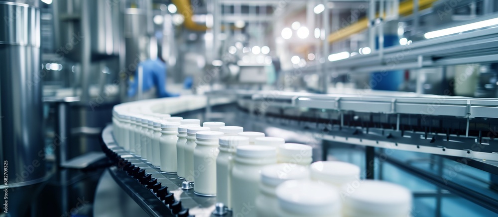 Modern pharmaceutical factory. White plastic bottles on automated production line. Concepts. manufacturing, food industry, medicine, pharmaceuticals, and packaging. Modern pharmaceutical factory. White plastic bottles on automated production line. Concepts. manufacturing, food industry, medicine, pharmaceuticals, and packaging.