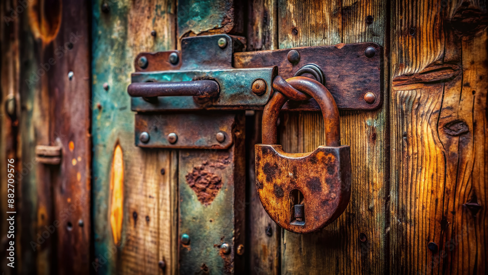 Old rusty padlock hanging from a worn wooden door with iron hinges and a large keyhole in a dimly lit abandoned industrial environment. Old rusty padlock hanging from a worn wooden door with iron hinges and a large keyhole in a dimly lit abandoned industrial environment.
