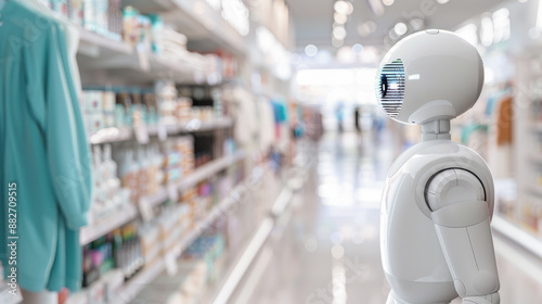 Wallpaper Mural A humanoid robot shopping in a supermarket aisle, representing automation and AI in retail environments. Torontodigital.ca