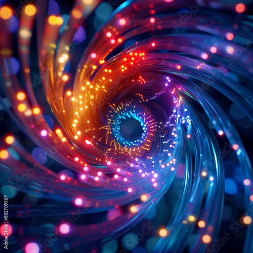 Vibrant neon lights creating a spiral pattern, evoking a sense of energy and motion in a dark background. photo