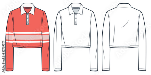 Cropped Polo Shirt technical fashion illustration. Long Sleeve Shirt fashion technical drawing template, buttons, relaxed fit, front back view, white, neon flare, women, men, unisex Top CAD mockup set