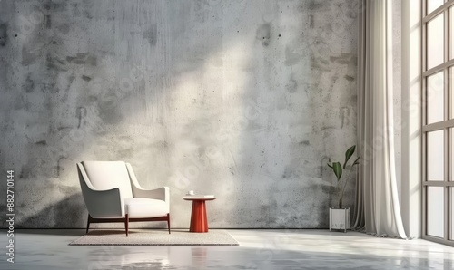 Modern Living Room Interior Mockup with White Chair and Concrete Gray Texture Wall Background with Copy Space