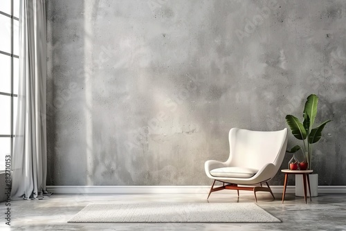 Modern Living Room Interior Mockup with White Chair and Concrete Gray Texture Wall Background with Copy Space