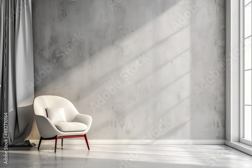 Modern Living Room Interior Mockup with White Chair and Concrete Gray Texture Wall Background with Copy Space