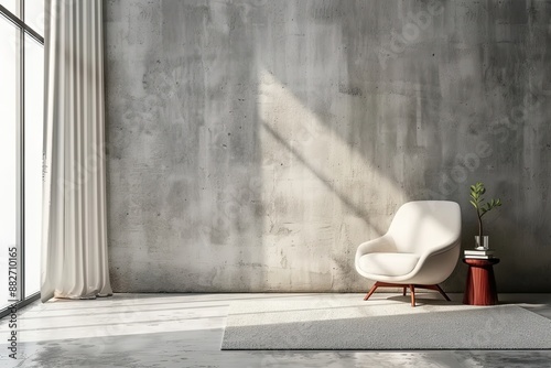 Modern Living Room Interior Mockup with White Chair and Concrete Gray Texture Wall Background with Copy Space
