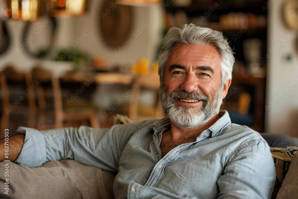 Man sitting on a cozy sofa at home, looking relaxed and happy. The background shows a living room with comfortable and inviting decor. Man sitting on a cozy sofa at home, looking relaxed and happy. The background shows a living room with comfortable and inviting decor.