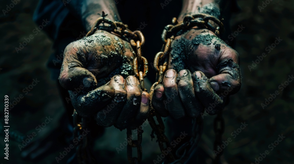 Dirty Hands Bound in Rusty Chains Depicting Struggle, Oppression, and Hardship Dirty Hands Bound in Rusty Chains Depicting Struggle, Oppression, and Hardship