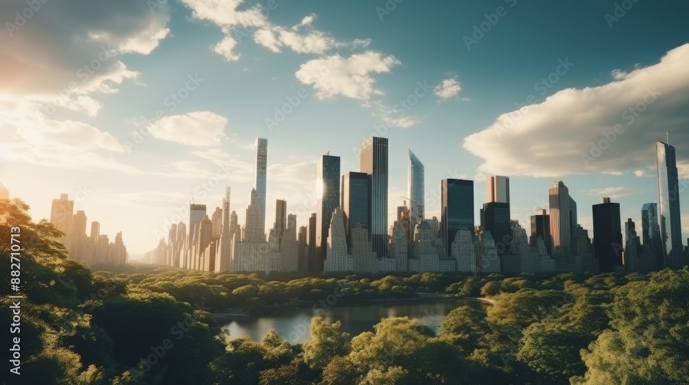 Fototapeta premium Central park aerial view nature, picnicking people, manhattan skyscrapers, and sunset glow