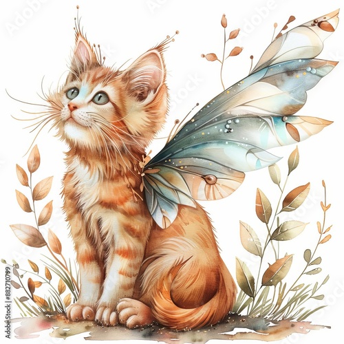 watercolor painting of a cat with fairy wings on a white background, field of dept deep odject, all cover focus text, for spacecopy photo