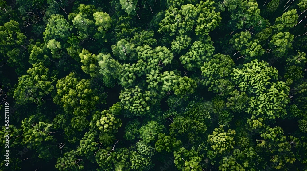 Drone view of amazing green forest with trees and bushes growing in countryside. 