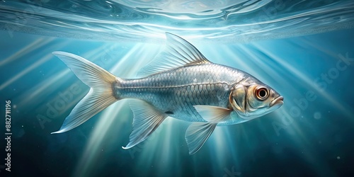 fish with visible internal organs swimming gracefully in water, futuristic, underwater, marine life, anatomy, biology