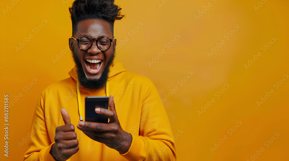 Excited man winning with online service Excited man winning with online service
