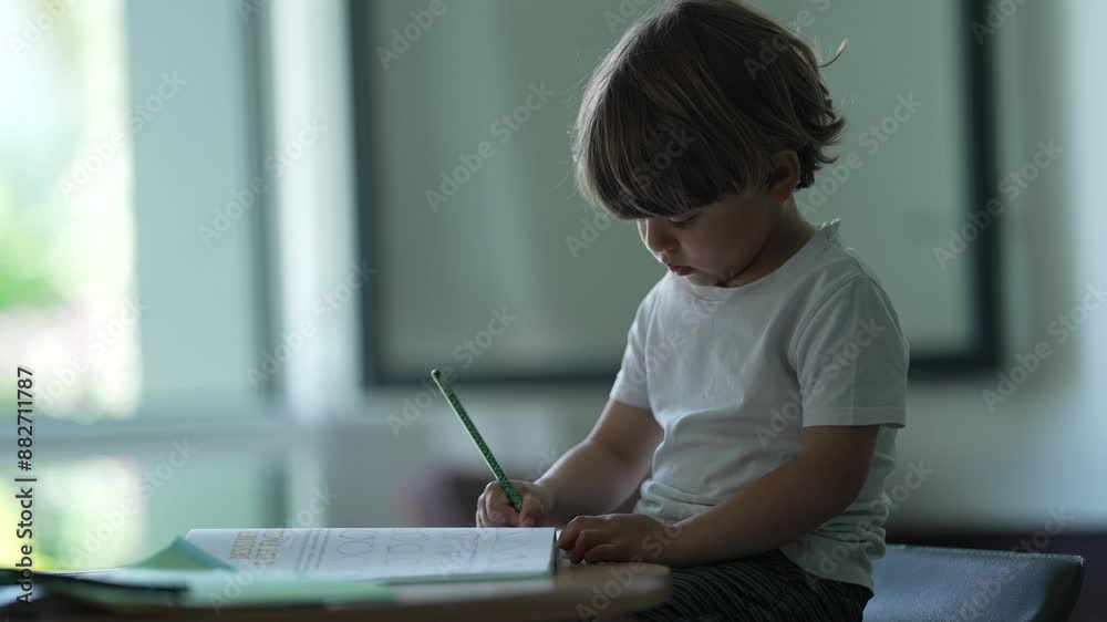 Young Boy Studying in his Alphabet Workbook at Small Table in Center of Room at Home, Bathed in Natural Light Young Boy Studying in his Alphabet Workbook at Small Table in Center of Room at Home, Bathed in Natural Light