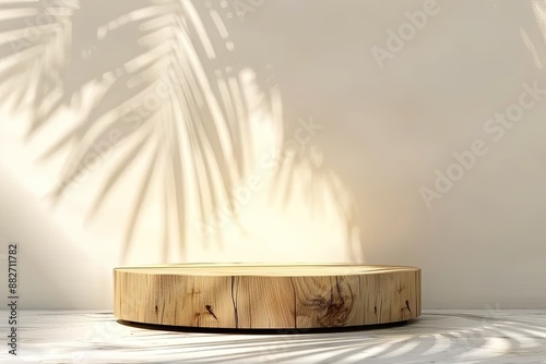 Wooden Podium With Palm Leaf  Sunlight Shadow on White Wall Background for Product Display