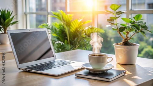 Brightly lit, organized workspace features sleek laptop, steaming coffee cup, open notebook, and small potted plant on crisp white desk surface.