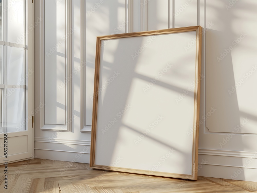 An empty wooden frame leaning against a sunlit wall casting soft shadows in a minimalist room. An empty wooden frame leaning against a sunlit wall casting soft shadows in a minimalist room.