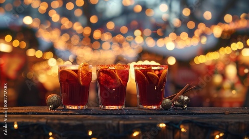 Festive Holiday Mulled Wine with Spices at Outdoor Christmas Market photo