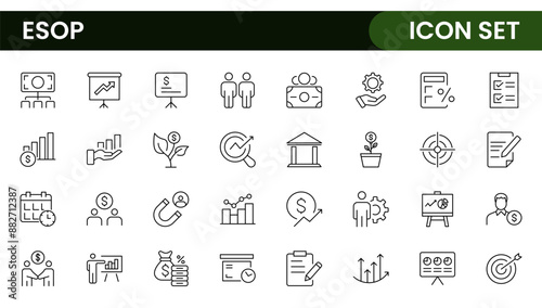Outline icons about ESOP employee stock ownership plan. Contains such icons as company, win-win, scheme and benefits.