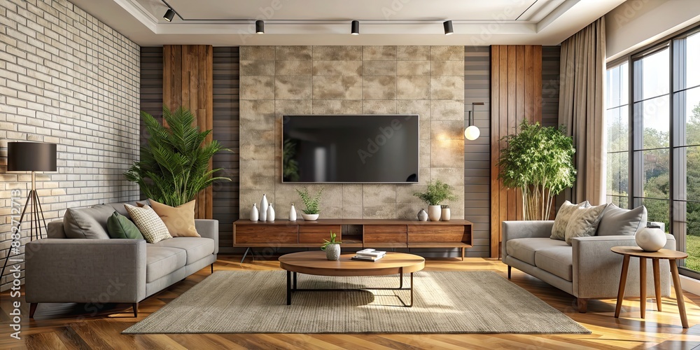 Cozy living room with large TV hanging on decorative wall, living room, home, interior design, modern Cozy living room with large TV hanging on decorative wall, living room, home, interior design, modern