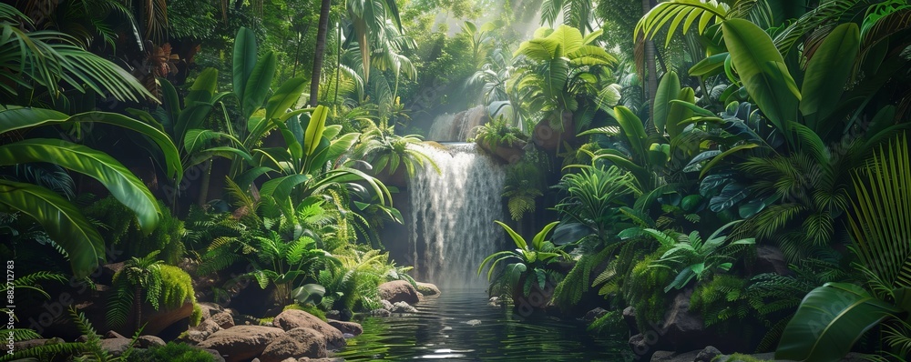 Lush Jungle with Exotic Plants and Waterfall, 4K hyperrealistic photo Lush Jungle with Exotic Plants and Waterfall, 4K hyperrealistic photo