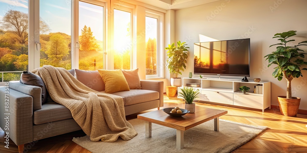 Fototapeta premium Cozy living room with warm sunlight, comfortable couch, soft blankets, and modern TV, Cozy