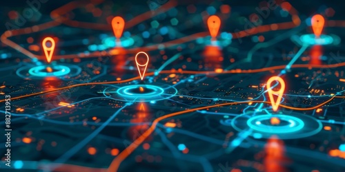 Futuristic digital map with holographic pins indicating various locations, representing advanced AI technology in navigation