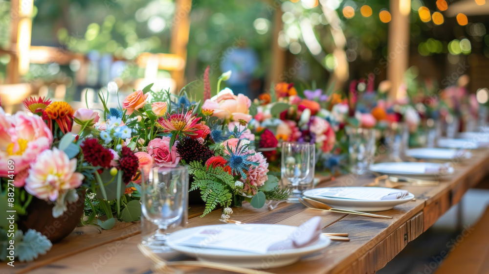 Rustic Wedding Table Setting with Colorful Flowers.