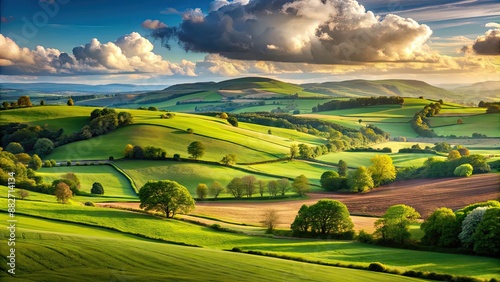 Peaceful countryside landscape with lush fields, rolling hills, and serene atmosphere, nature, peaceful, countryside