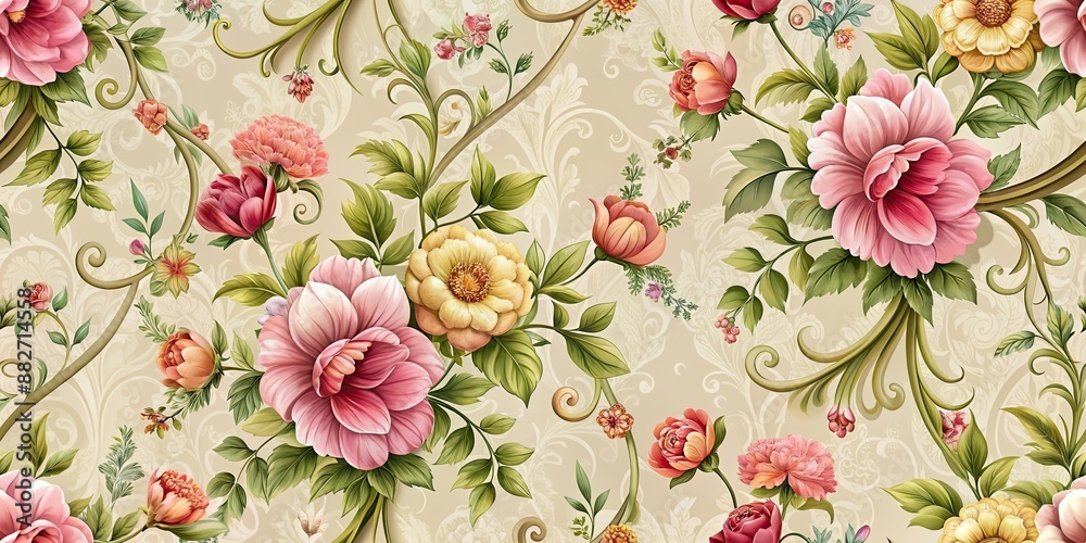 Elegant seamless floral pattern featuring blooming flowers and intricate vines, nature, beauty, design, background Elegant seamless floral pattern featuring blooming flowers and intricate vines, nature, beauty, design, background