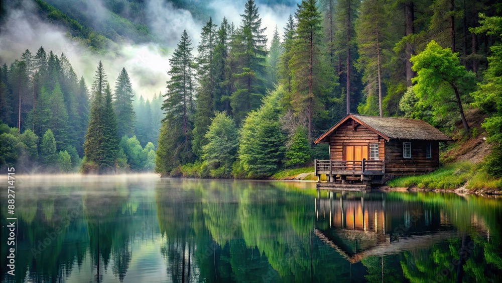 Fototapeta premium Rustic wooden cabin by calm lake in foggy forest, serene scene with lush green trees, cabin, porch, lake, forest, tranquil, serene