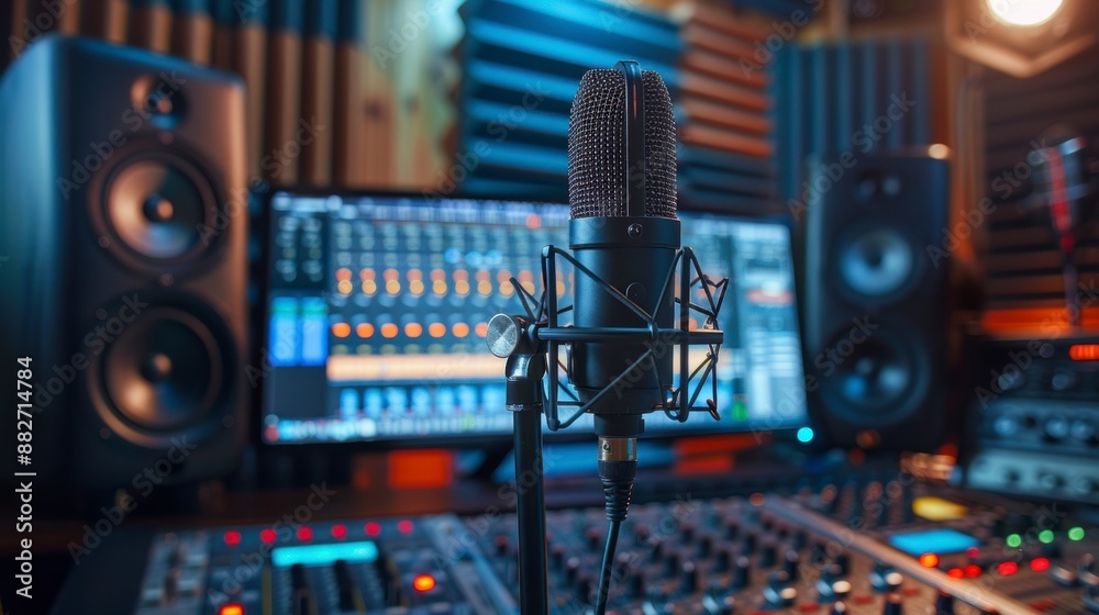 a microphone surrounded by soundboards and digital monitors displaying audio waveforms and controls a microphone surrounded by soundboards and digital monitors displaying audio waveforms and controls