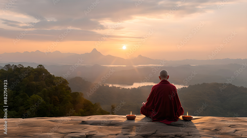 Monk Meditating at Sunrise over Misty Mountains
