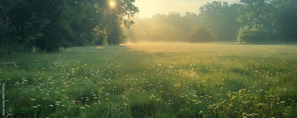 Fototapeta premium A serene meadow bathed in the soft glow of the morning sun.